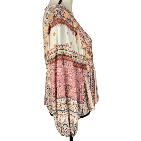 American Eagle Medium Boho Top Embroidered Tassel Long Sleeve Keyhole Pink Multi - Picture 4 of 11
